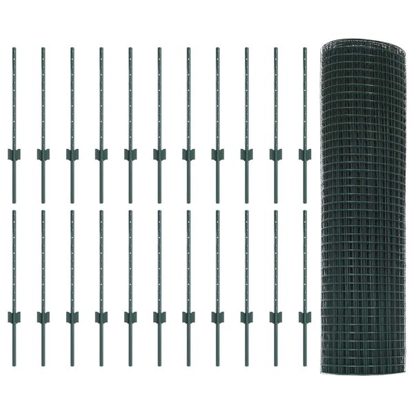 vidaXL Fence with Post Green 0.5 x 50 m Steel and PVC
