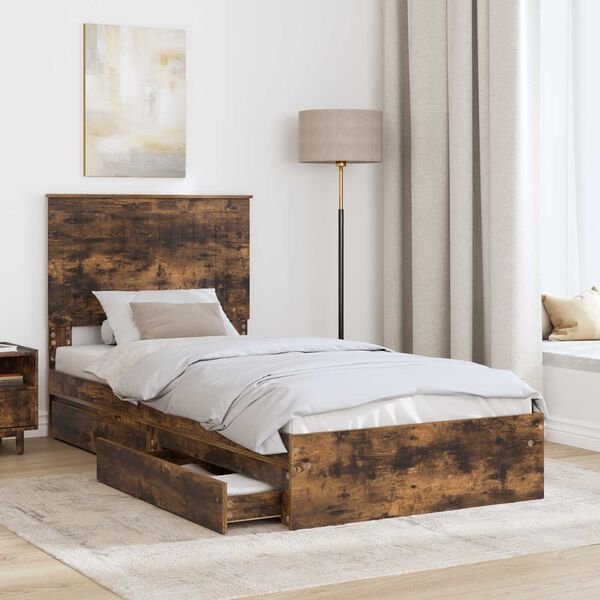 vidaXL Storage Bed with Drawer Smoked Oak 90 x 190 cm Engineered Wood