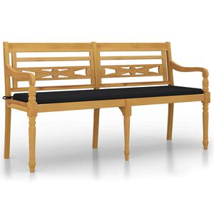 vidaXL Bench | Natural wood, Black cushion | Solid teak wood, polyester | Large