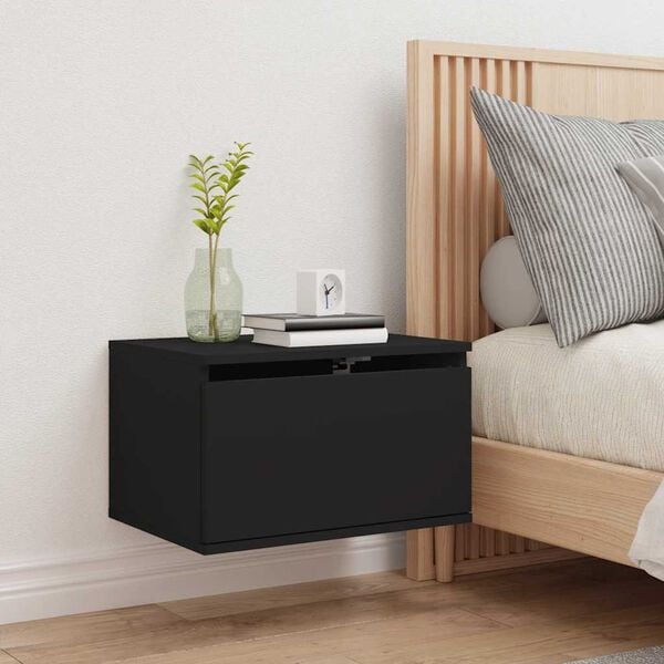 vidaXL Wall-mounted Bedside Cabinet with LED Lights Black