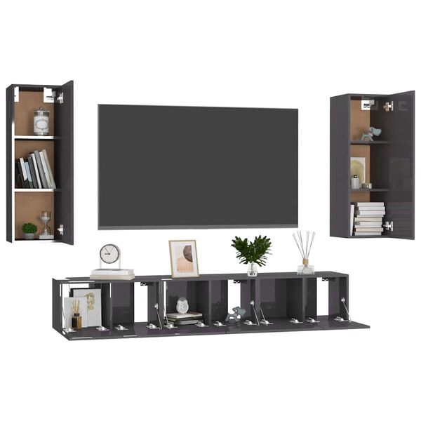 vidaXL 5 Piece TV Cabinet Set High Gloss Grey Engineered Wood