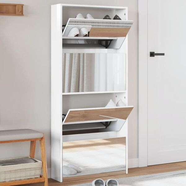vidaXL Shoe Cabinet with Mirror 4-Layer High Gloss White 63x17x134 cm