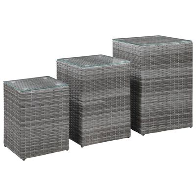 vidaXL Side Tables 3 pcs with Glass Top Grey Poly Rattan