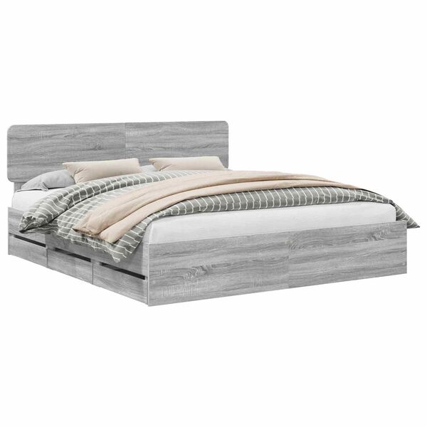 vidaXL Bed Frame with Drawer Grey Sonoma 200 x 200 cm Engineer Wood