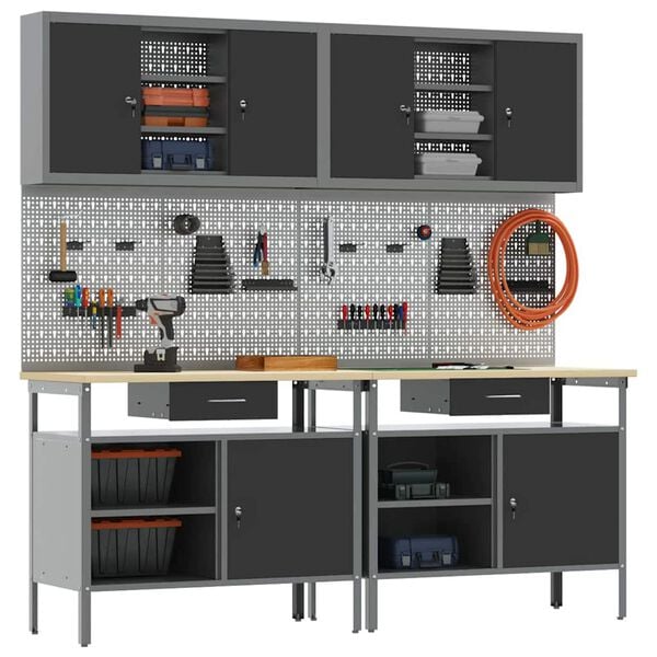 vidaXL Work Bench Set with Drawer 8 pcs Black 200 x 55 x 200 cm Steel