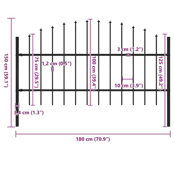 vidaXL Garden Fence with Spear Top Steel 181x100 cm Black