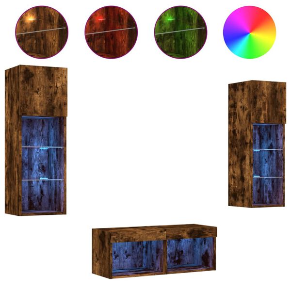 vidaXL 4 Piece TV Wall Cabinets with LED Lights Smoked Oak