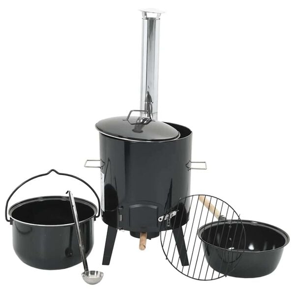 vidaXL Goulash Cannon with Chimney and Lid Black Enamelled Steel