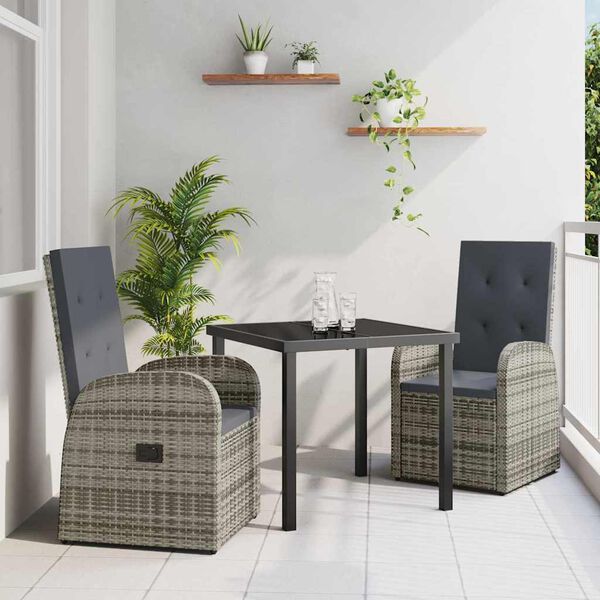 vidaXL Garden Dining Set with Cushion 3 pcs Grey Poly Rattan