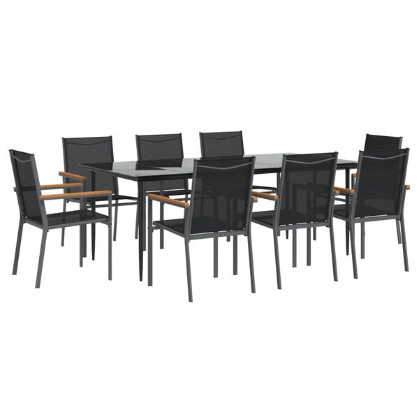 vidaXL 9 Piece Garden Dining Set Black Textilene and Steel