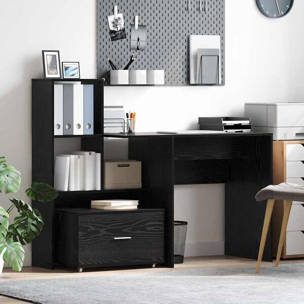 vidaXL Desk with Shelf Black Oak 131.5 x 50 x 106.5 cm Engineered Wood