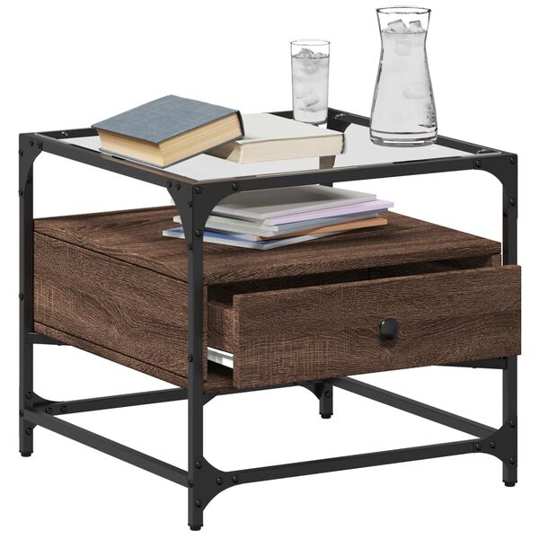 vidaXL Coffee Table with Glass Top Brown Oak 50x50x45 cm Steel