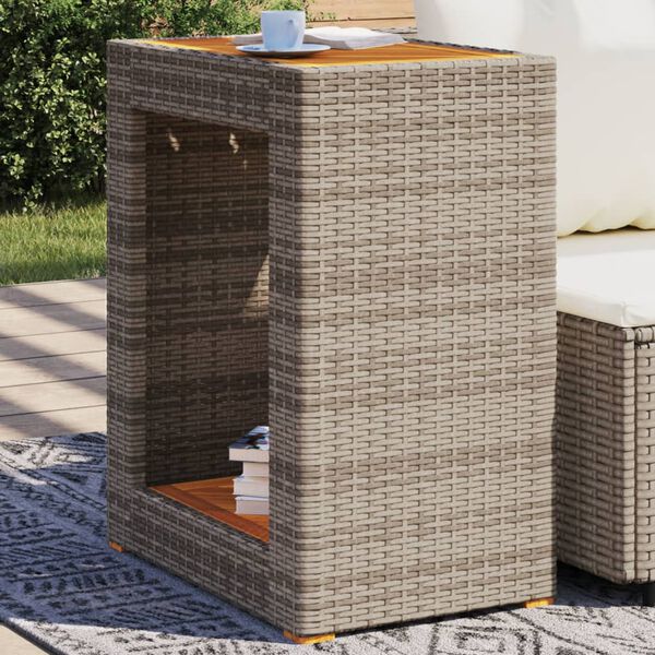 vidaXL Garden Side Table with Wooden Top Grey 60x40x75 cm Poly Rattan