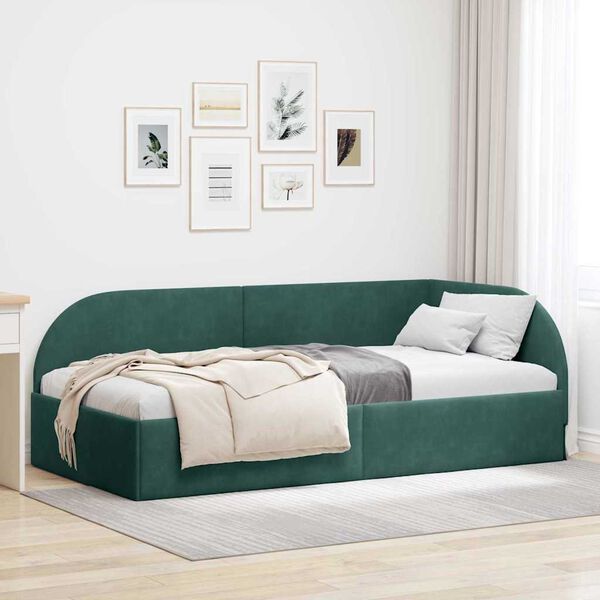 vidaXL Corner Bed Frame Dark Green 90 cm x 200 cm Velvet