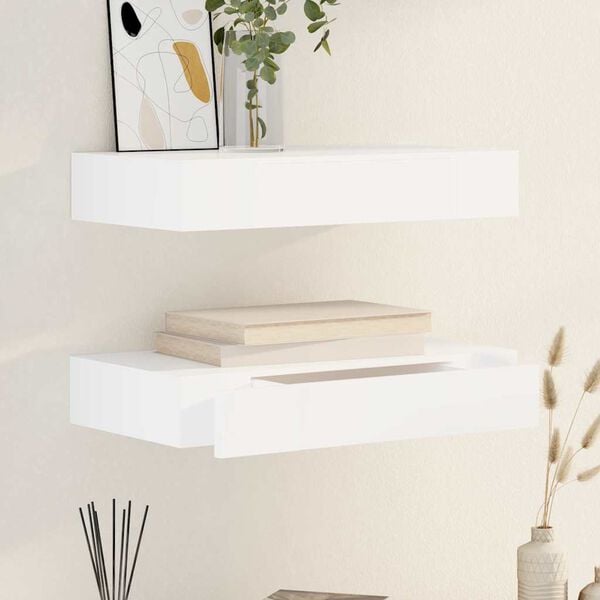 White MDF Floating Wall Display Shelf 1 Drawer Book/DVD Storage