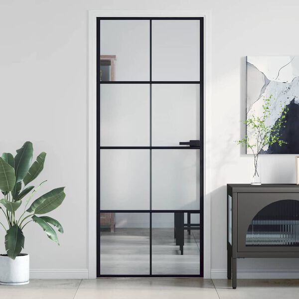 vidaXL Interior Door Slim Black 83x201.5 cm Tempered Glass and Aluminium