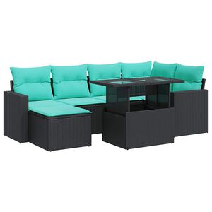 vidaXL 7 Piece Garden Sofa Set with Cushions Black Poly Rattan Acacia