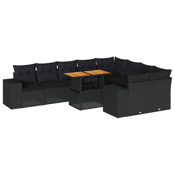vidaXL 10 Piece Garden Sofa Set with Cushions Black Poly Rattan Acacia