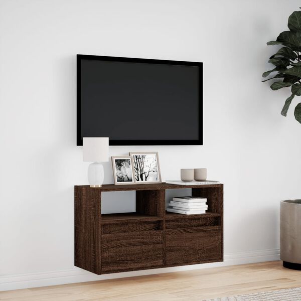vidaXL TV Wall Cabinet with LED Lights Brown Oak 80x31x45 cm