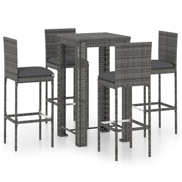 vidaXL 5 Piece Garden Bar Set with Cushions Poly Rattan Grey