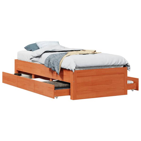 vidaXL Bed Frame without Mattress with Drawers Wax Brown 75x190 cm Small Single Solid Wood Pine