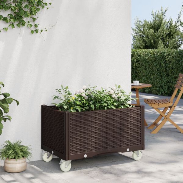 vidaXL Garden Planter with Wheels Brown 80x50x54 cm PP