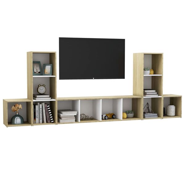 vidaXL 5 Piece TV Cabinet Set White and Sonoma Oak Engineered Wood