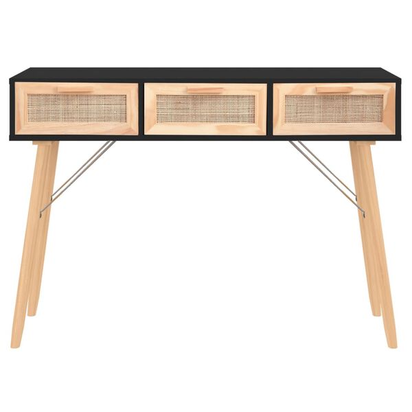 vidaXL Console Table Black 105x30x75 cm Solid Wood Pine&Natural Rattan