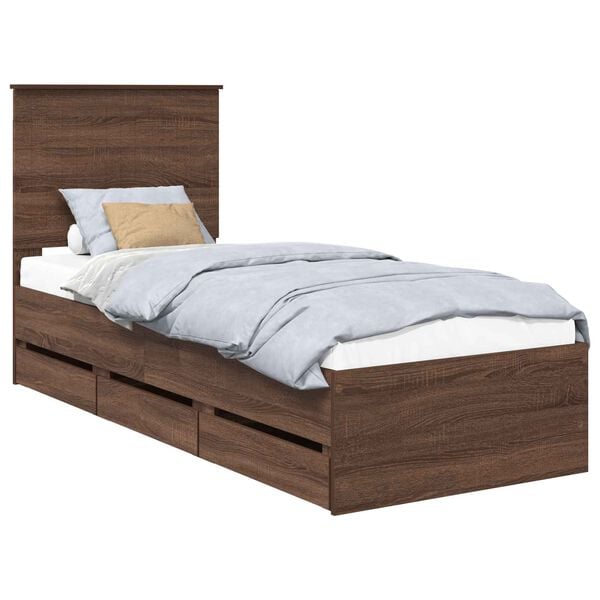 vidaXL Bed Frame with Drawer Brown Oak 75 x 190 cm Engineer Wood
