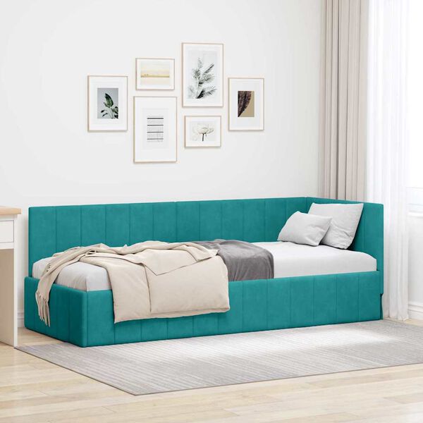 vidaXL Corner Bed Frame with Headboard Turquoise 80 cm x 200 cm Velvet