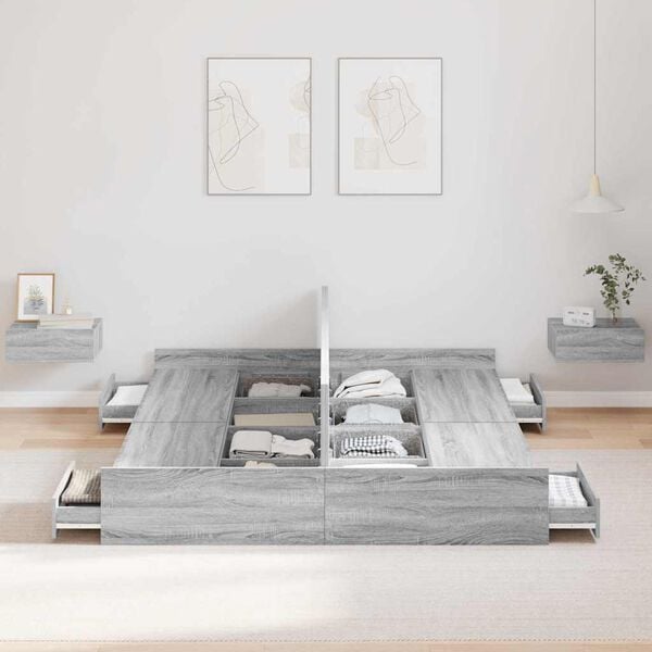 vidaXL Storage Bed Frame Grey Sonoma 135 x 190 cm Engineered Wood