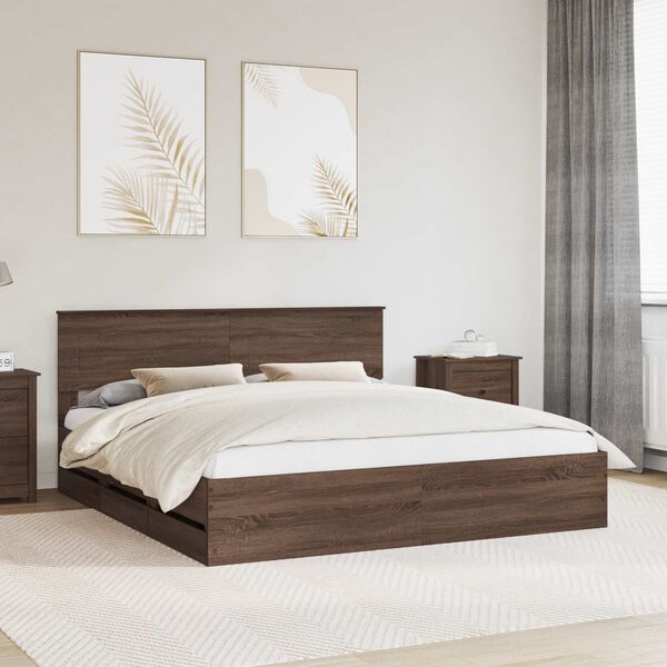 vidaXL Bed Frame with Drawer Brown Oak 200 x 200 cm Engineer Wood