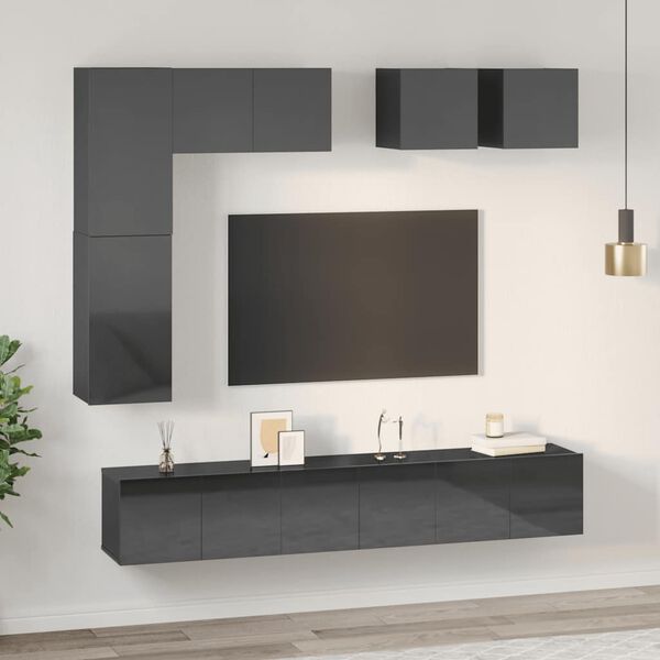 vidaXL 8 Piece TV Cabinet Set High Gloss Grey Engineered Wood