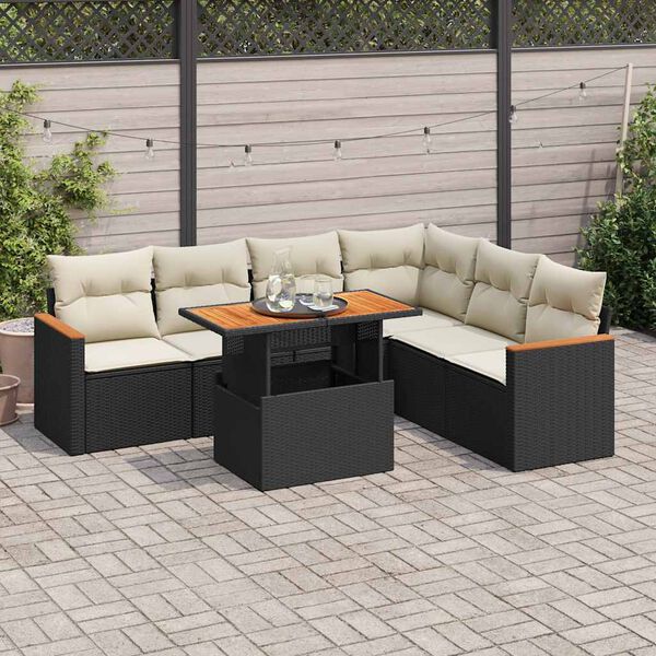 vidaXL 7 Piece Garden Sofa Set with Cushions Black Poly Rattan Acacia