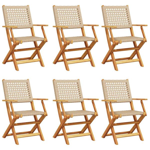 vidaXL Folding Garden Chairs 6 pcs Beige Poly Rattan and Solid Wood