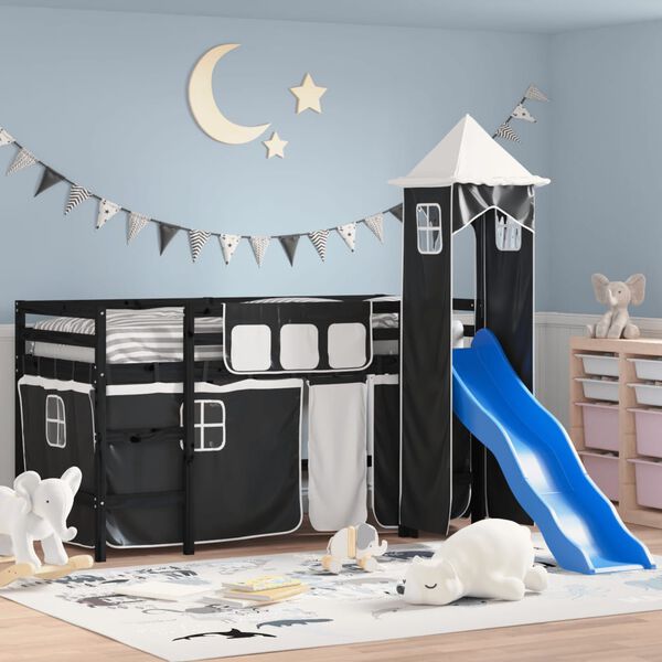 vidaXL Kids' Loft Bed with Tower without Mattress White&Black 90x190cm