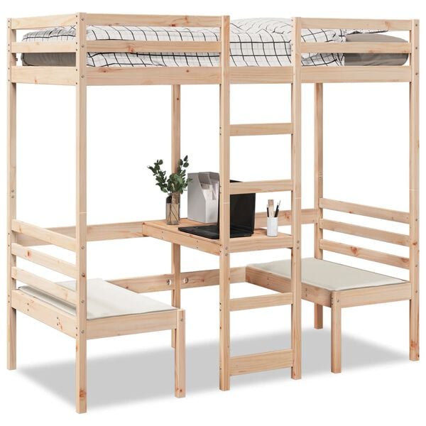vidaXL Loft Bed Frame with Desk and Chairs 90x190cm Solid Wood Pine