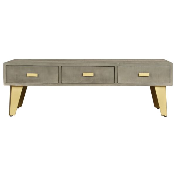 vidaXL Coffee Table Solid Mango Wood Grey with Brass 110x60x35 cm