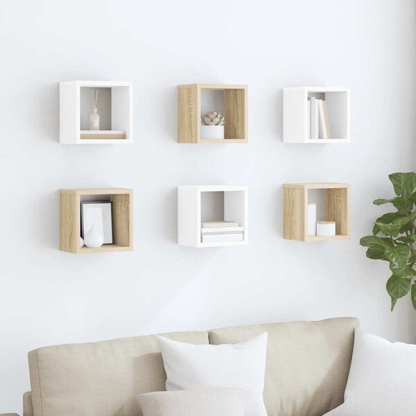 vidaXL Wall Cube Shelves 6 pcs White and Sonoma Oak 22x15x22 cm