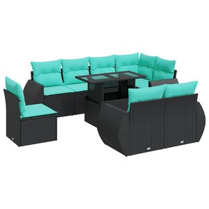 vidaXL 9 Piece Garden Sofa Set with Cushions Black Poly Rattan Acacia