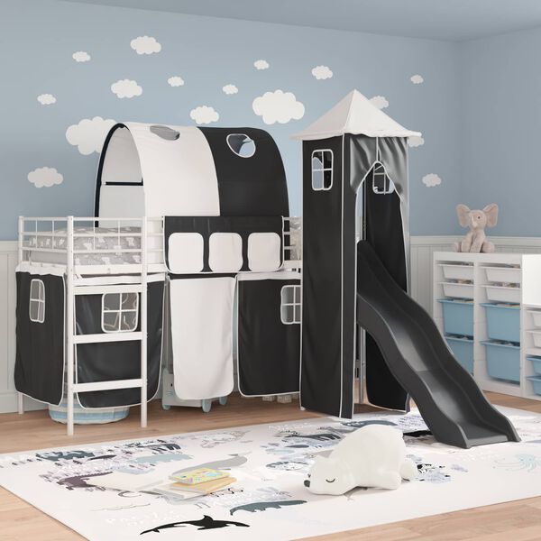 vidaXL Kids'Loft Bed Frame with Curtains, Arch, Slide, Tower