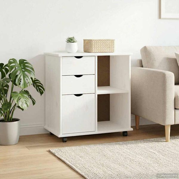 vidaXL Rolling Cabinet White 63.5 x 39 x 65.5 cm Solid Pine Wood