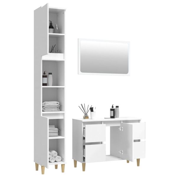 vidaXL 3 Piece Bathroom Furniture Set High Gloss White Engineered Wood