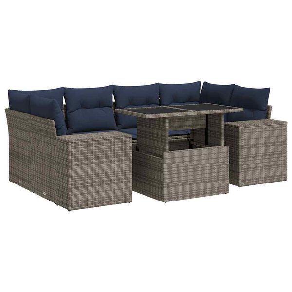 vidaXL 7 Piece Garden Sofa Set with Cushions Grey Poly Rattan Acacia
