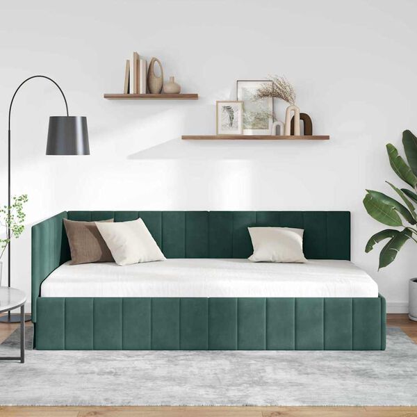 vidaXL Corner Bed Frame Dark Green 100 cm x 200 cm Velvet