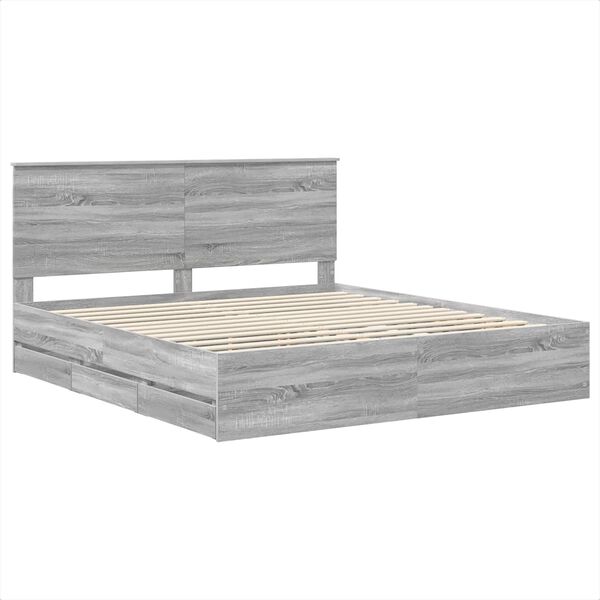 vidaXL Bed Frame with Drawer Grey Sonoma 200 x 200 cm Engineer Wood