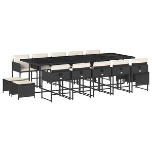 vidaXL 15 Piece Garden Dining Set with Cushions Black Poly Rattan