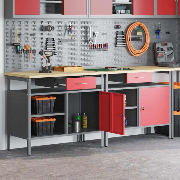 vidaXL Work Bench Set with Drawer 2 pcs Red 200 x 55 x 85 cm Steel