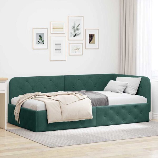 vidaXL Corner Bed Frame with Headboard Dark Green 90 x 190 cm Velvet