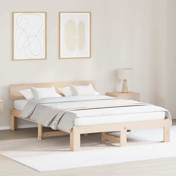 vidaXL Bed Frame with Headboard Natural 160 x 200 cm Solid Pine Wood